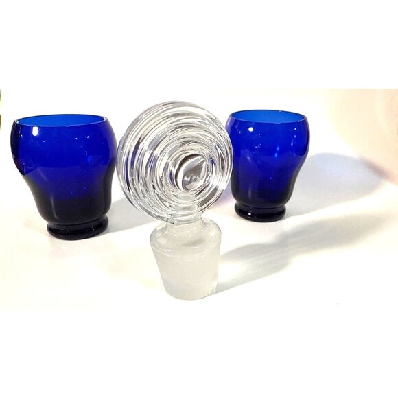 Cobalt Blue Hand-Blown Glass Pitcher & 6 Matching Cups With Swirled Clear Stoppe - Picture 9 of 16